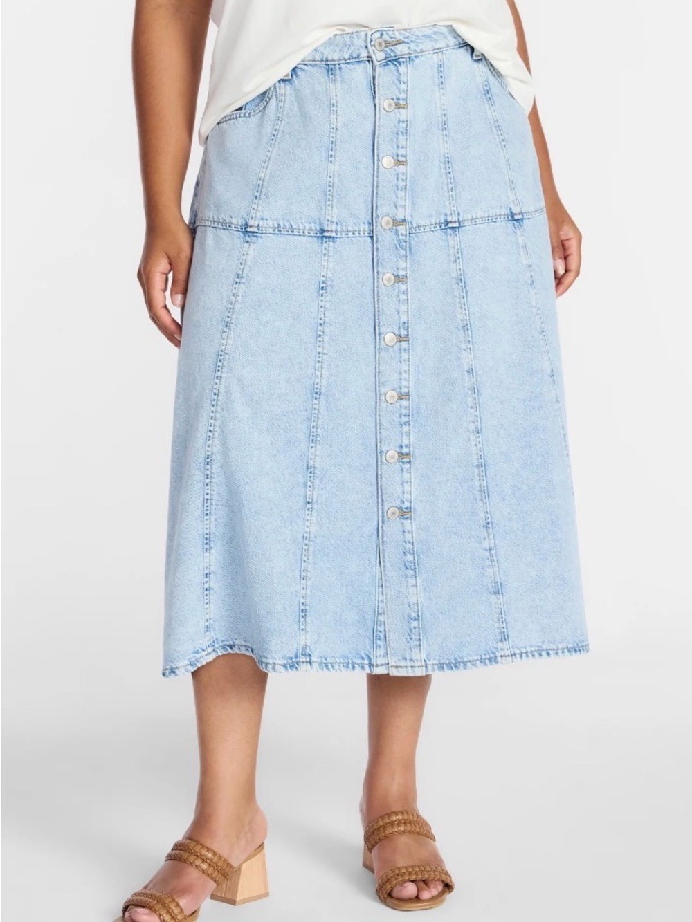 Terra & Sky Faded Blue Button-Front Denim Midi Skirt Plus size 22W - Picture 14 of 14